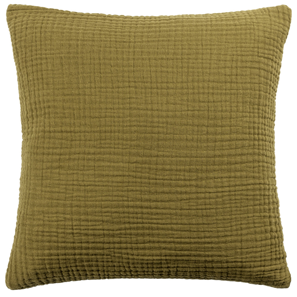 Plain Green Cushions - Lark Muslin Crinkle Cotton Fibre Filled Cushion Khaki Yard