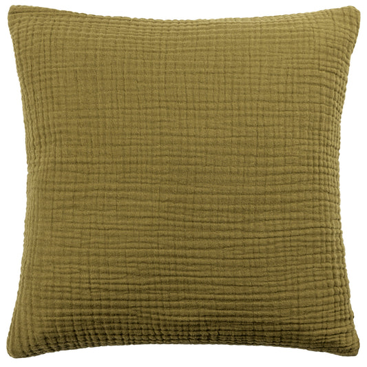 Plain Green Cushions - Lark Muslin Crinkle Cotton Fibre Filled Cushion Khaki Yard