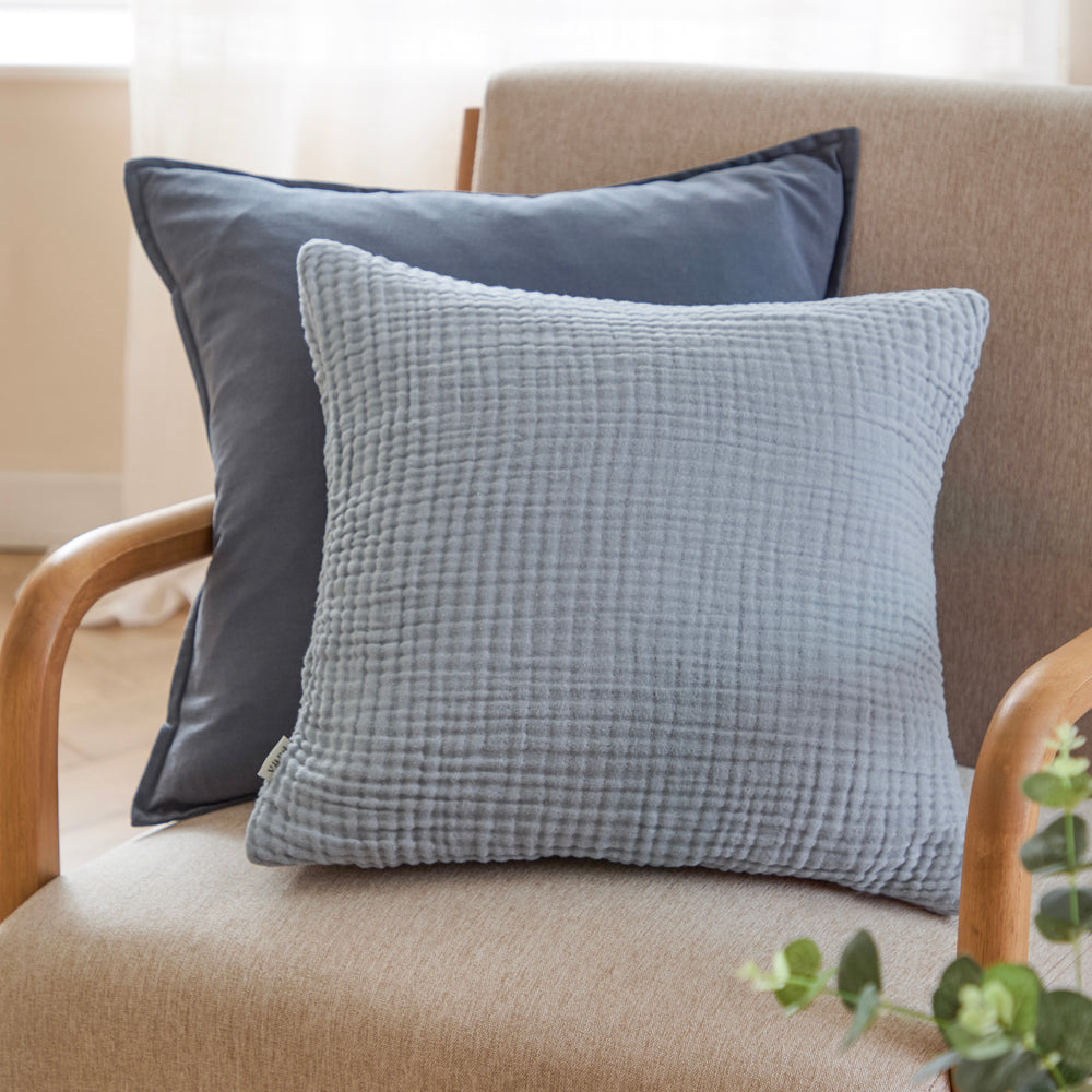 Plain Blue Cushions - Lark Muslin Crinkle Cotton Fibre Filled Cushion Mineral Blue Yard