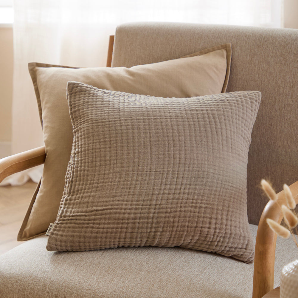 Plain Brown Cushions - Lark Muslin Crinkle Cotton Fibre Filled Cushion Mole Yard
