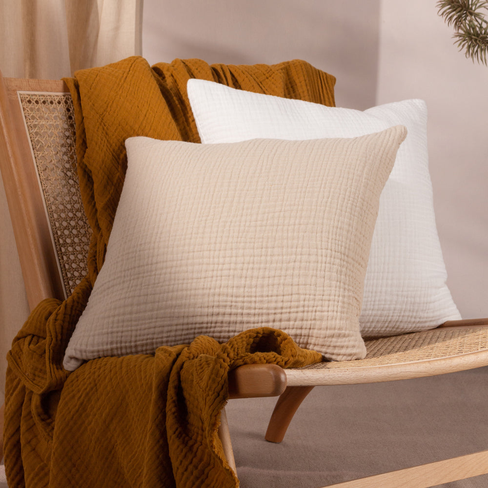 Plain Beige Cushions - Lark Muslin Crinkle Cotton Fibre Filled Cushion Natural Yard