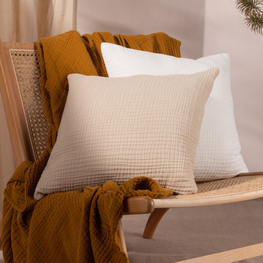 Plain Beige Cushions - Lark Muslin Crinkle Cotton Fibre Filled Cushion Natural Yard