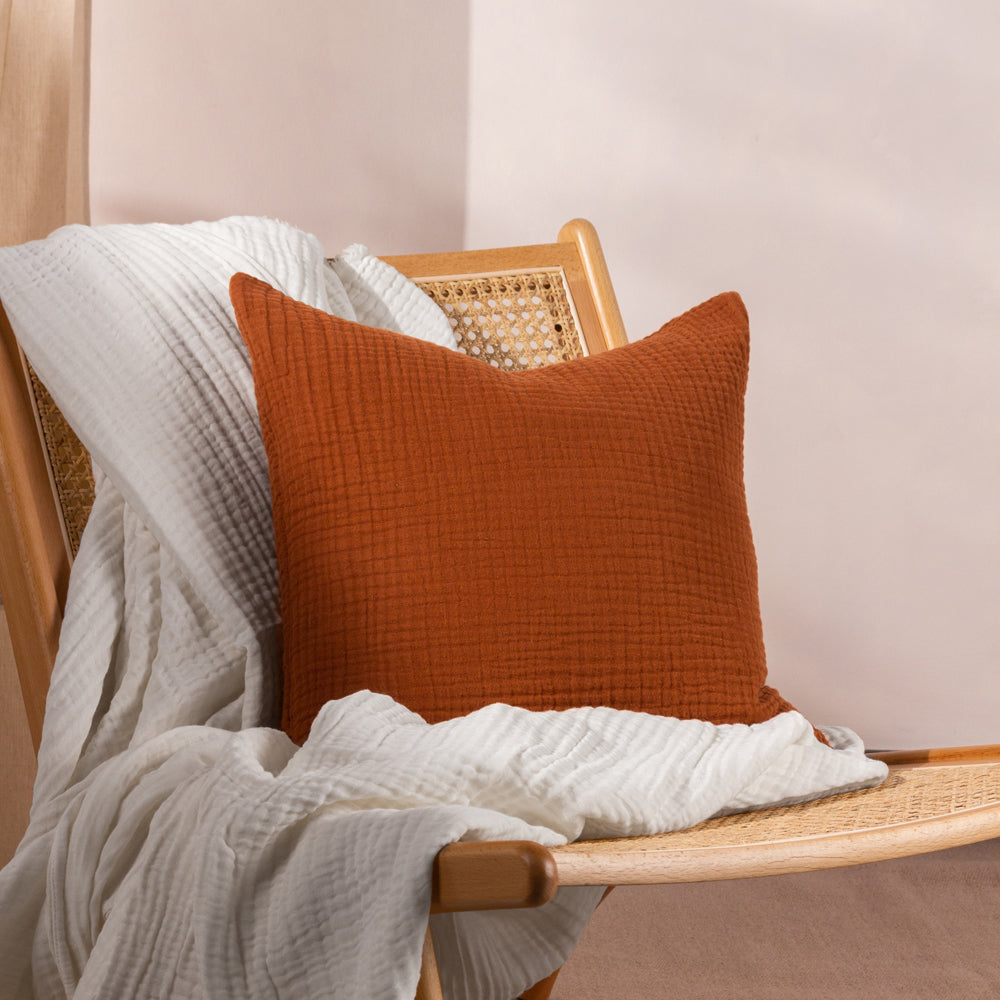 Plain Red Cushions - Lark Muslin Crinkle Cotton Cushion Cover Pecan Yard