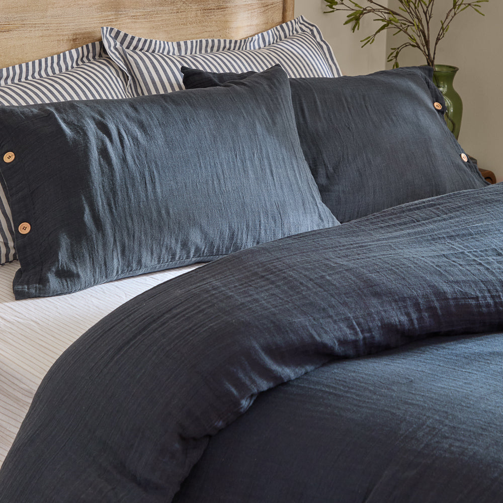 Plain Blue Bedding - Lark Cotton Muslin Duvet Cover Set Navy Yard