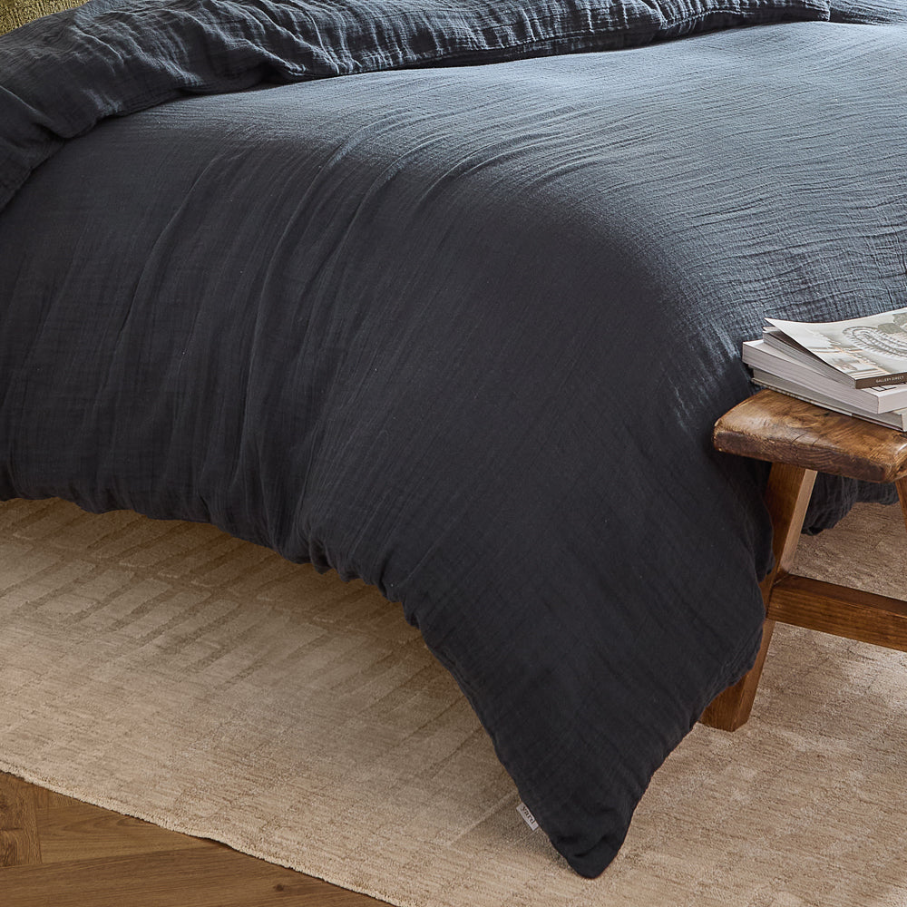 Plain Blue Bedding - Lark Cotton Muslin Duvet Cover Set Navy Yard