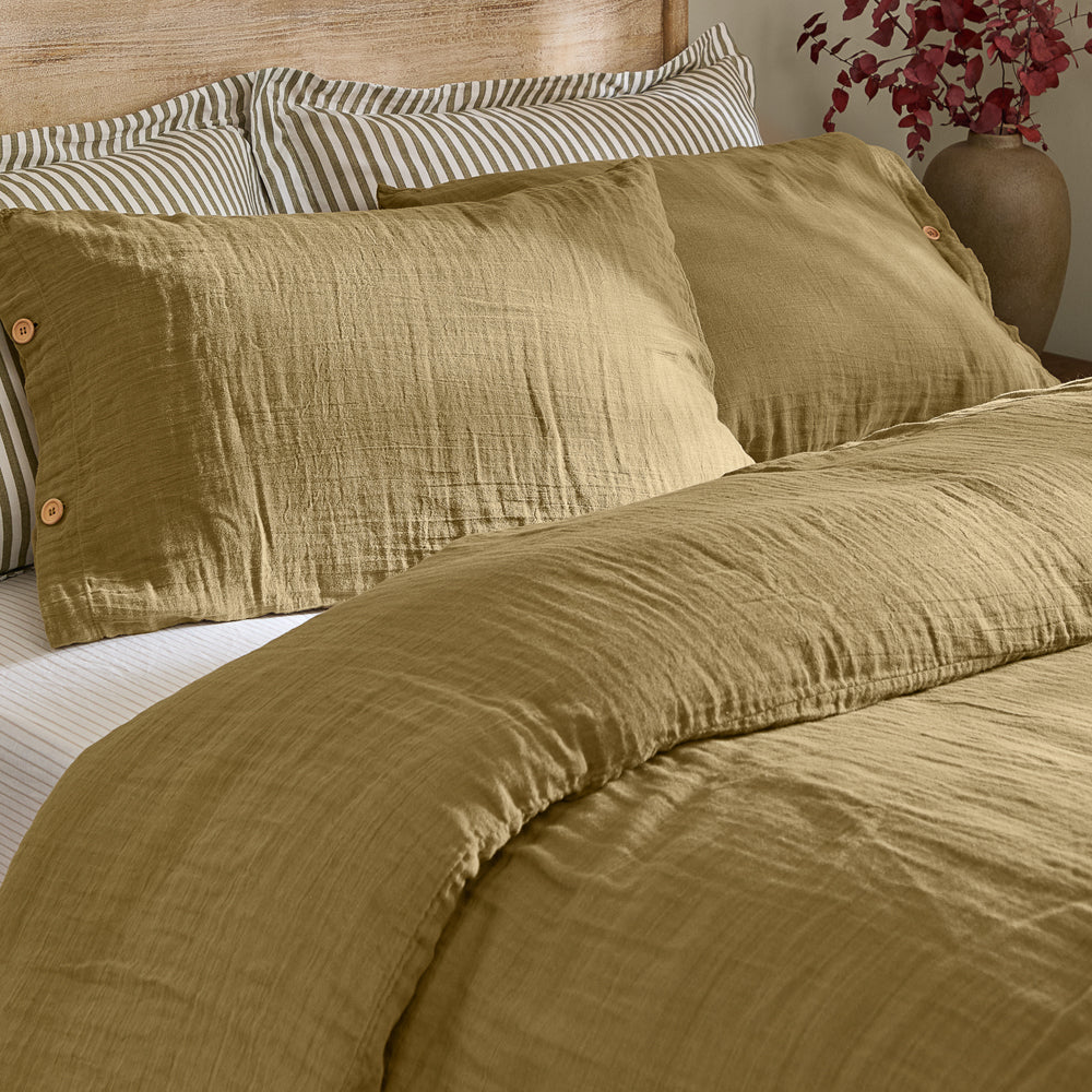Plain Green Bedding - Lark Cotton Muslin Duvet Cover Set Olive Yard