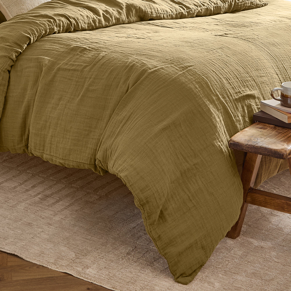 Plain Green Bedding - Lark Cotton Muslin Duvet Cover Set Olive Yard