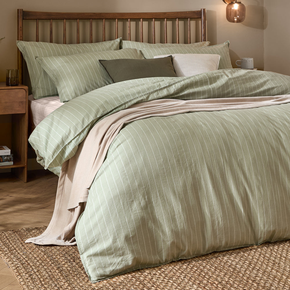 Striped Green Bedding - Linear Stripe 100% Cotton Duvet Cover Set Forest Yard
