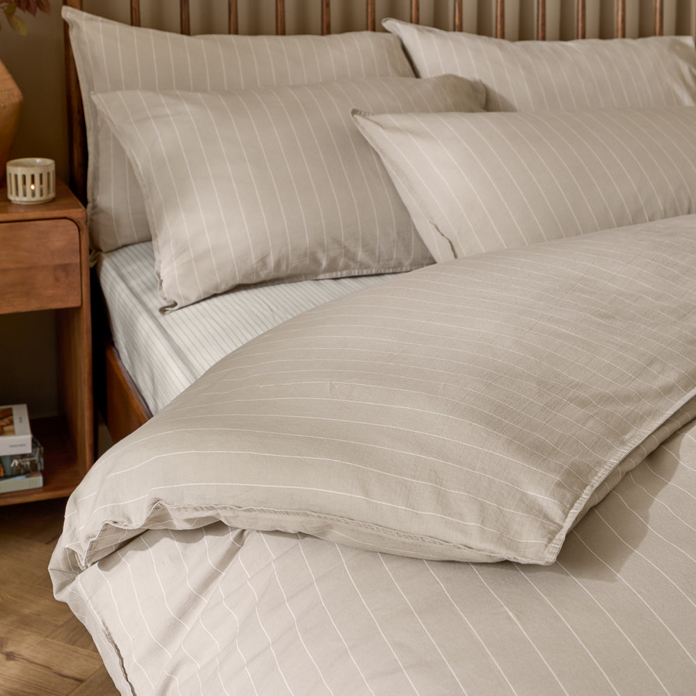 Striped Beige Bedding - Linear Stripe 100% Cotton Duvet Cover Set Natural Yard