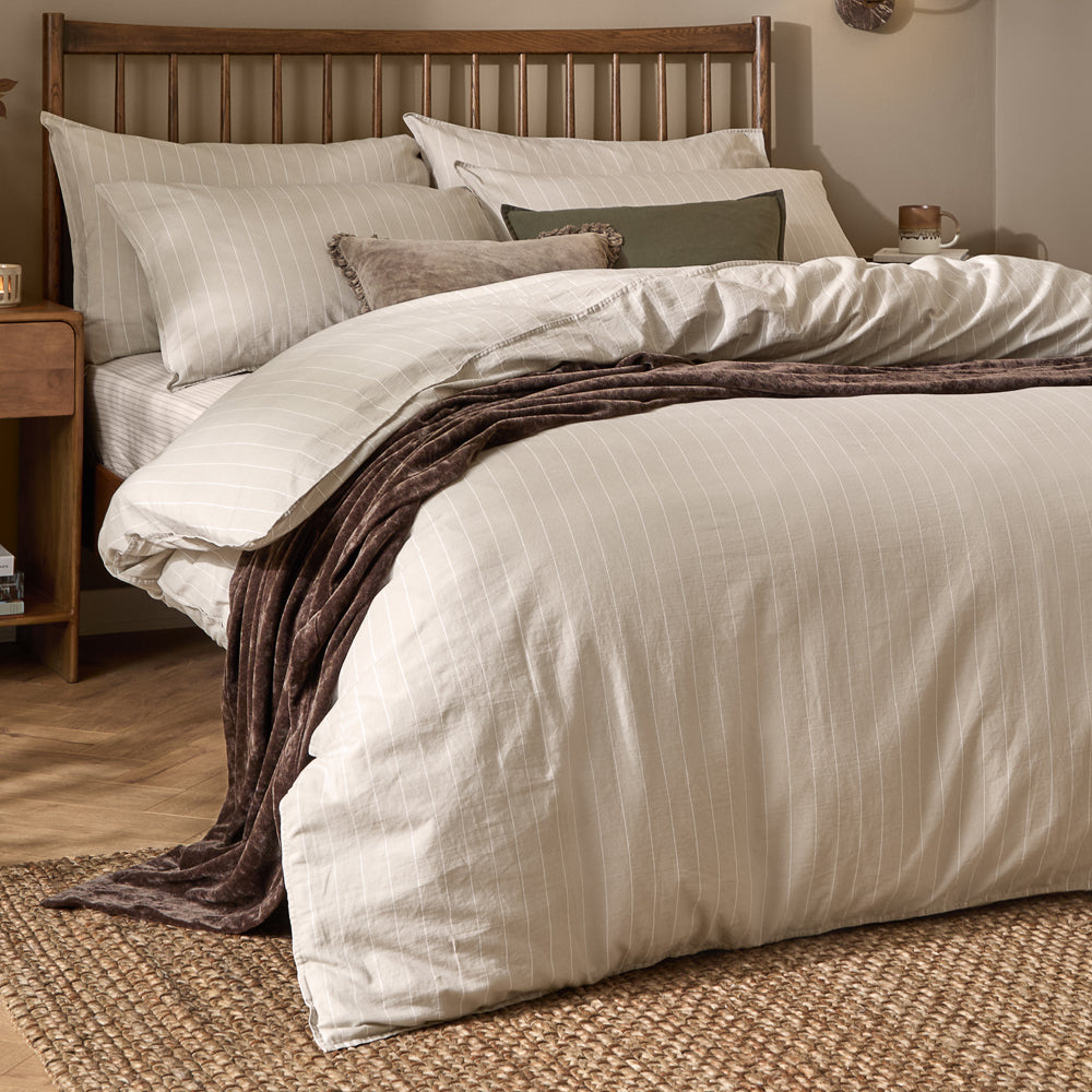 Striped Beige Bedding - Linear Stripe 100% Cotton Duvet Cover Set Natural Yard
