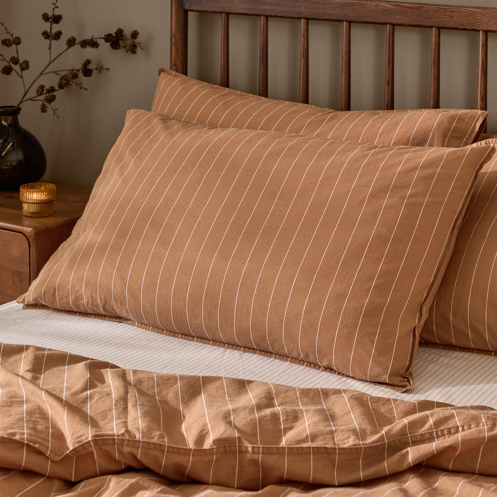 Striped Brown Bedding - Linear Stripe 100% Cotton Pillowcase Pair Demerara Sugar Yard