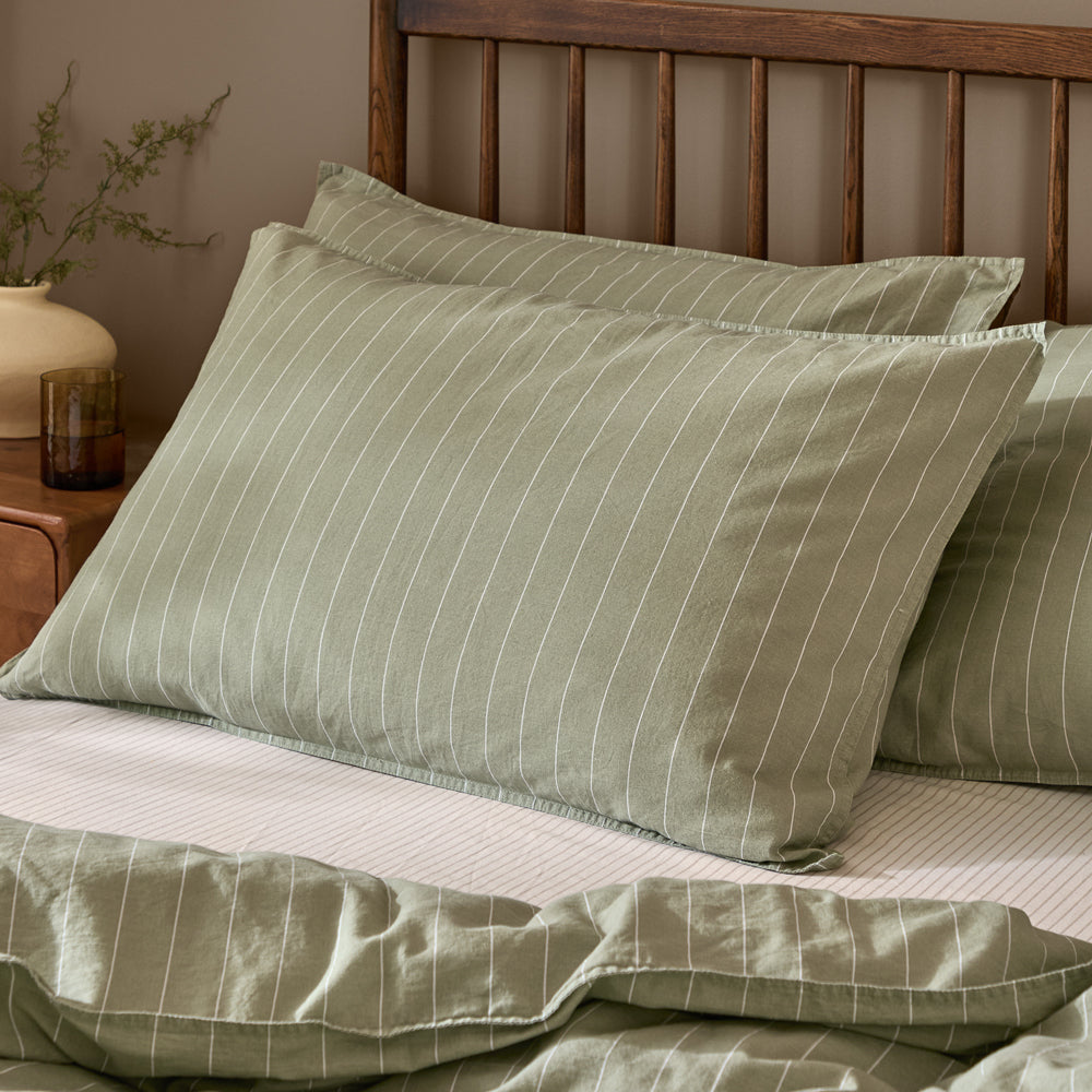 Striped Green Bedding - Linear Stripe 100% Cotton Pillowcase Pair Forest Yard