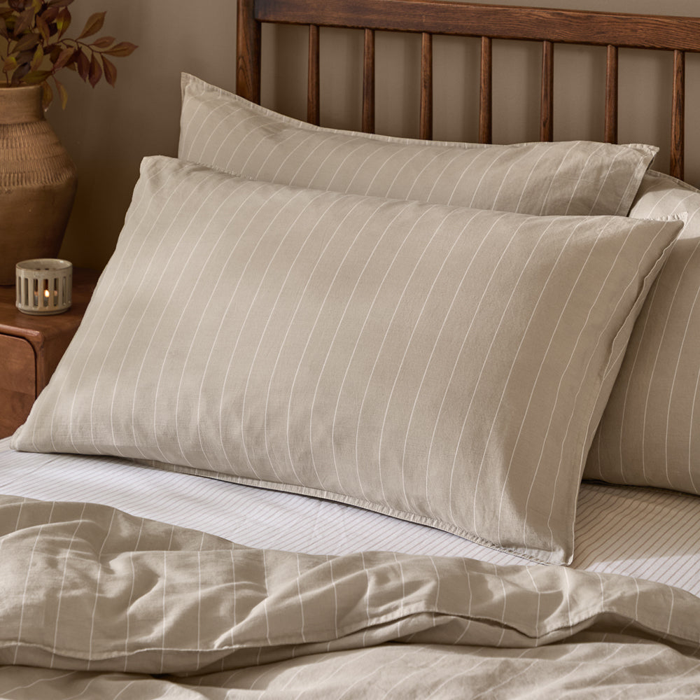 Striped Beige Bedding - Linear Stripe 100% Cotton Pillowcase Pair Natural Yard