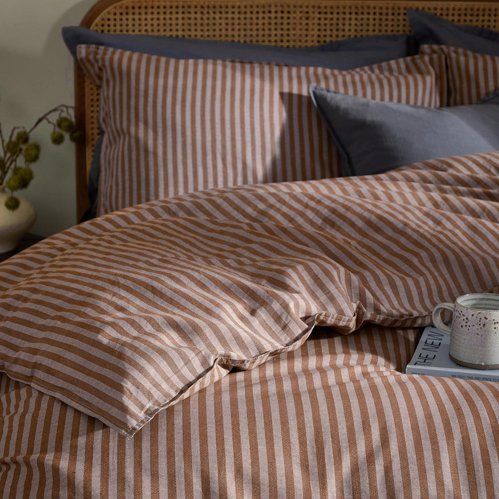 Striped Brown Bedding - Marlow Stripe 100% Cotton Duvet Cover Set Cocoa/Vintage Blue Yard