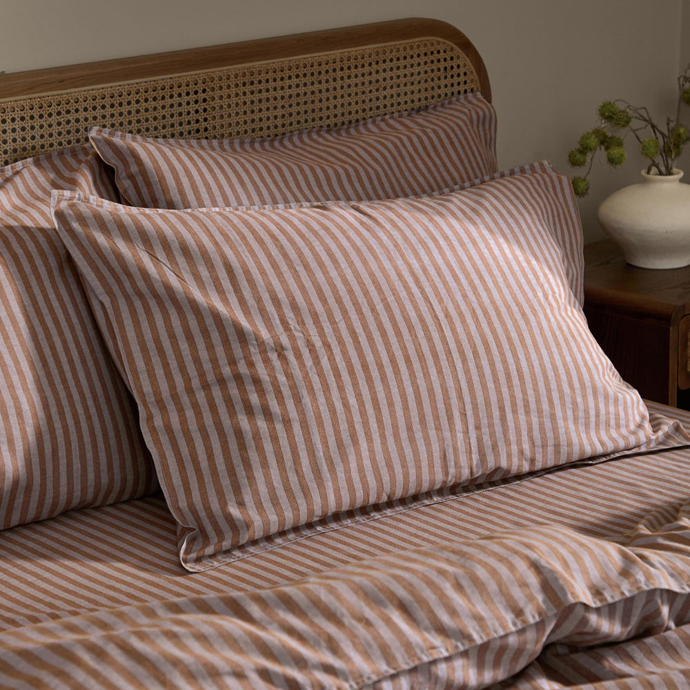 Striped Brown Bedding - Marlow Stripe 100% Cotton Duvet Cover Set Cocoa/Vintage Blue Yard