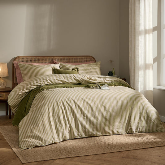 Striped Green Bedding - Marlow Stripe 100% Cotton Duvet Cover Set Oregano/Shell Yard