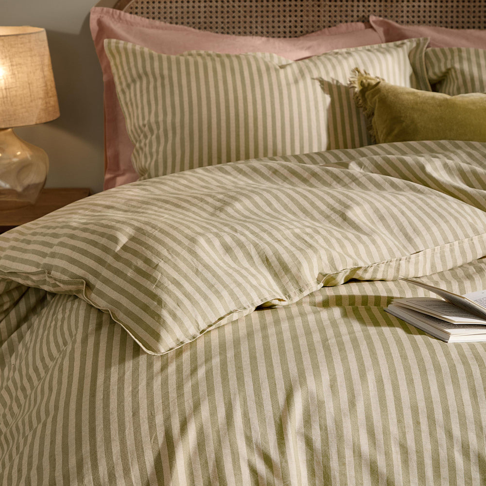 Striped Green Bedding - Marlow Stripe 100% Cotton Duvet Cover Set Oregano/Shell Yard