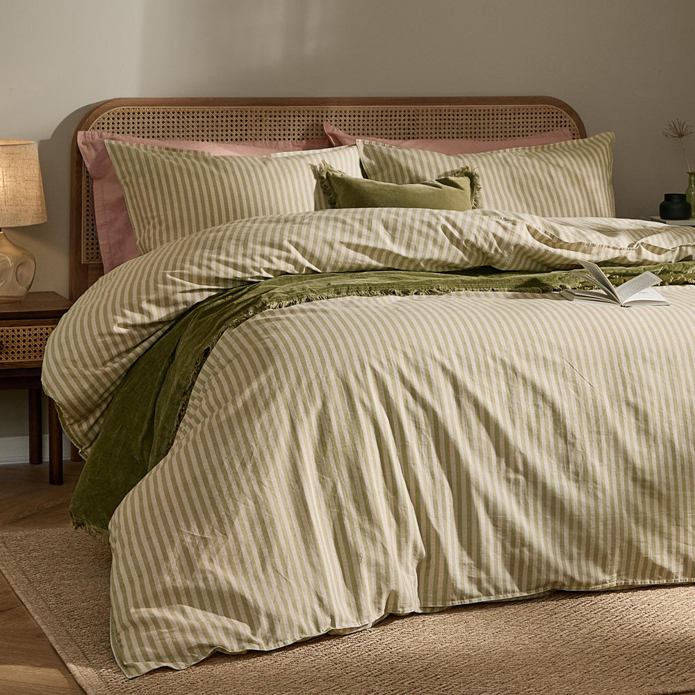 Striped Green Bedding - Marlow Stripe 100% Cotton Duvet Cover Set Oregano/Shell Yard