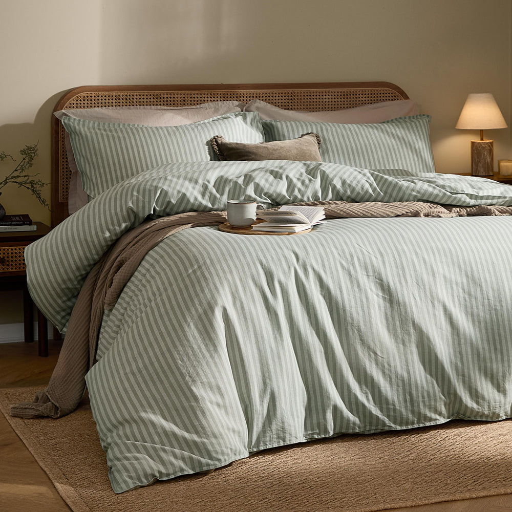 Striped Green Bedding - Marlow Stripe 100% Cotton Pillowcase Pair Artichoke/Sage Yard