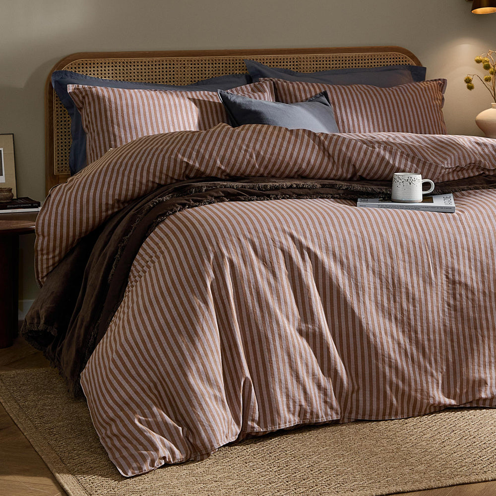 Striped Brown Bedding - Marlow Stripe 100% Cotton Pillowcase Pair Cocoa/Vintage Blue Yard