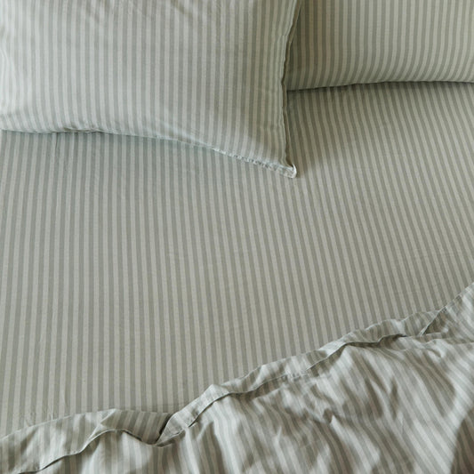 Striped Green Bedding - Marlow Stripe 100% Cotton Fitted Sheet Artichoke/Sage Yard