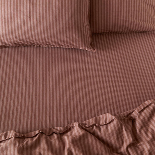 Striped Brown Bedding - Marlow Stripe 100% Cotton Fitted Sheet Chocolate/Rosewood Yard