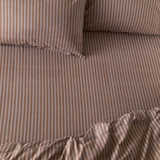 Striped Brown Bedding - Marlow Stripe 100% Cotton Fitted Sheet Cocoa/Vintage Blue Yard