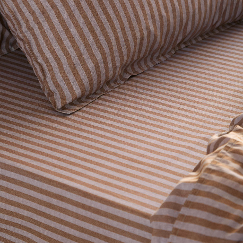 Striped Brown Bedding - Marlow Stripe 100% Cotton Fitted Sheet Cocoa/Vintage Blue Yard