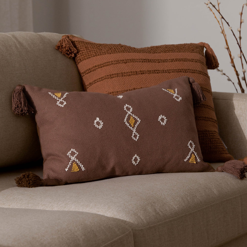 Geometric Brown Cushions - Meare Embroidered Cotton Polyester Filled Cushion Cocoa Yard