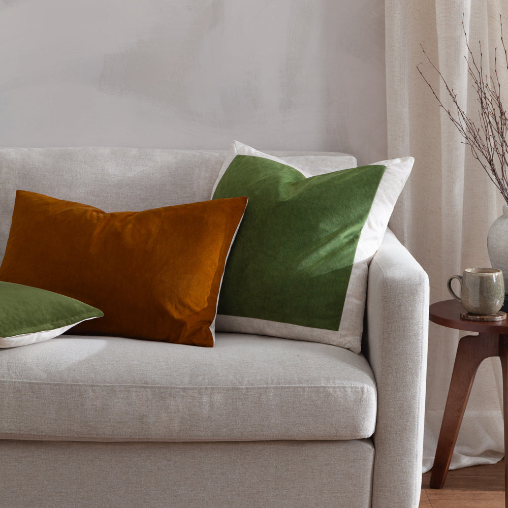 Plain Green Cushions - Merton Rectangular Velvet Polyester Filled Cushion Olive Oil Yard