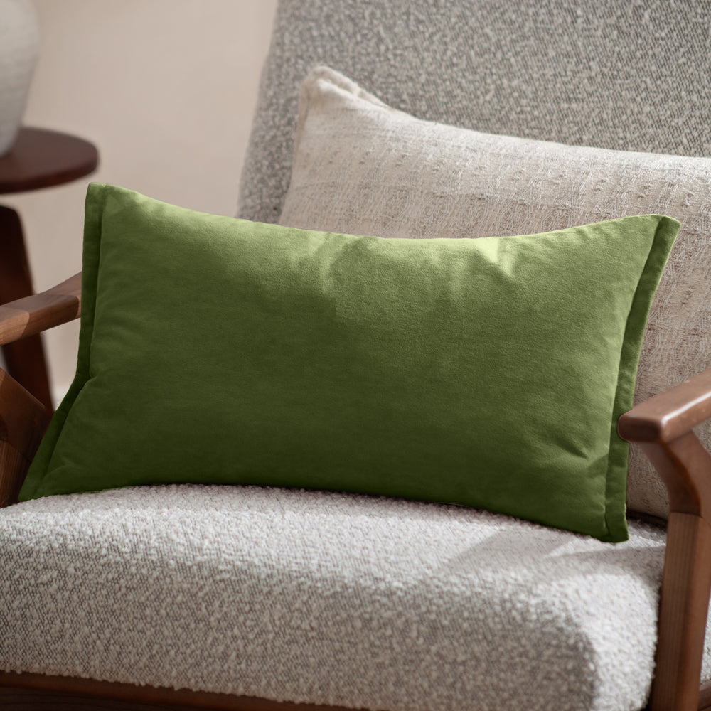 Plain Green Cushions - Merton Rectangular Velvet Polyester Filled Cushion Olive Oil Yard