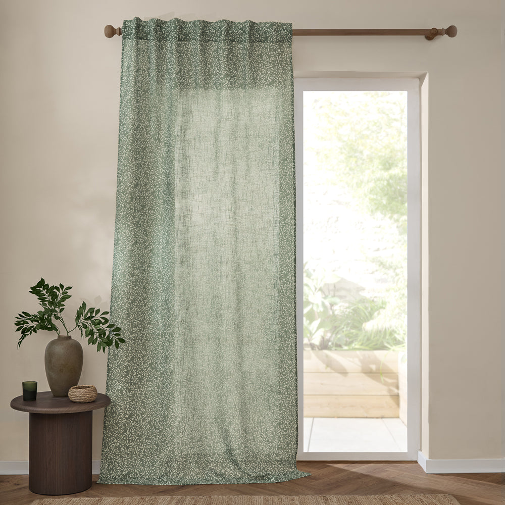 Floral Green Curtains - Perrie Leaf Sheer Woven Curtain Panel Forest Yard