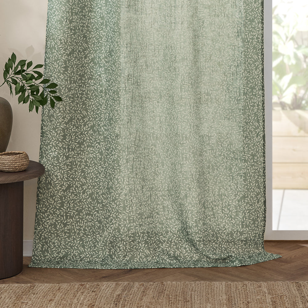 Floral Green Curtains - Perrie Leaf Sheer Woven Curtain Panel Forest Yard