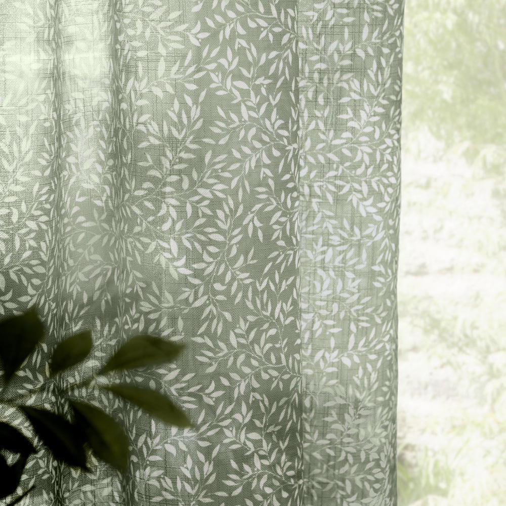 Floral Green Curtains - Perrie Leaf Sheer Woven Curtain Panel Forest Yard