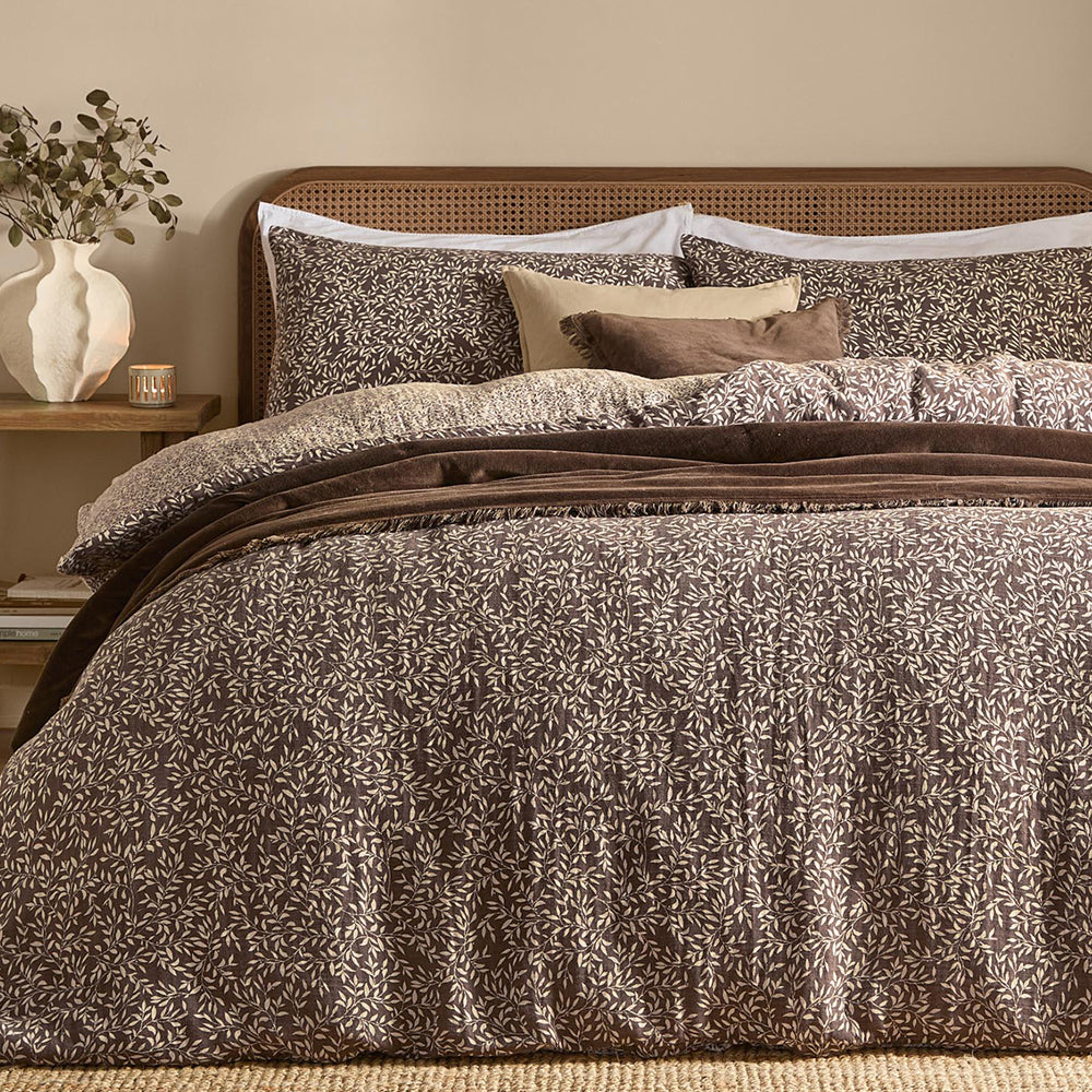 Floral Brown Bedding - Perrie Leaf Muslin 100% Cotton Duvet Cover Set Chocolate Yard