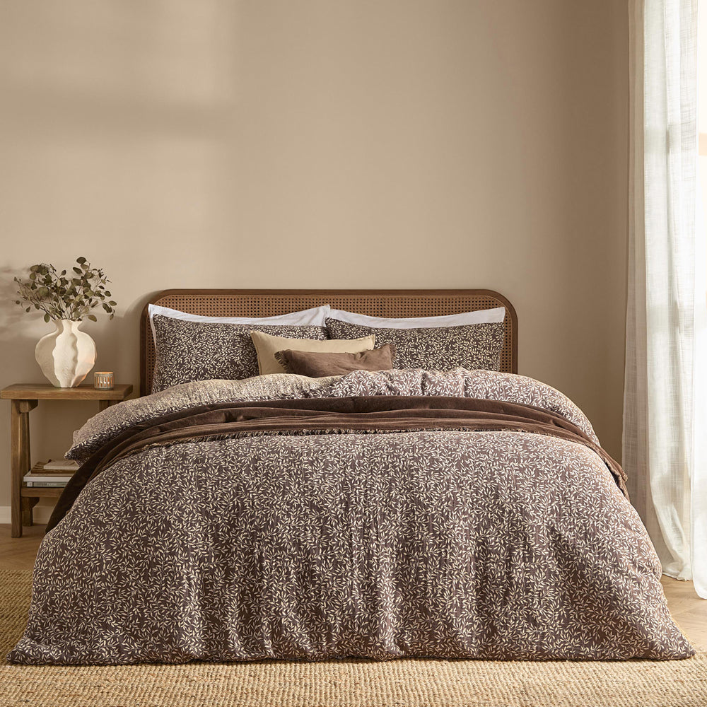 Floral Brown Bedding - Perrie Leaf Muslin 100% Cotton Duvet Cover Set Chocolate Yard