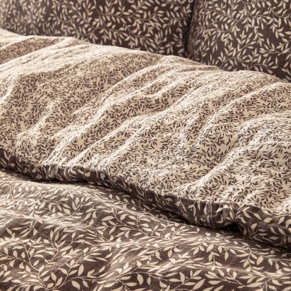 Floral Brown Bedding - Perrie Leaf Muslin 100% Cotton Duvet Cover Set Chocolate Yard