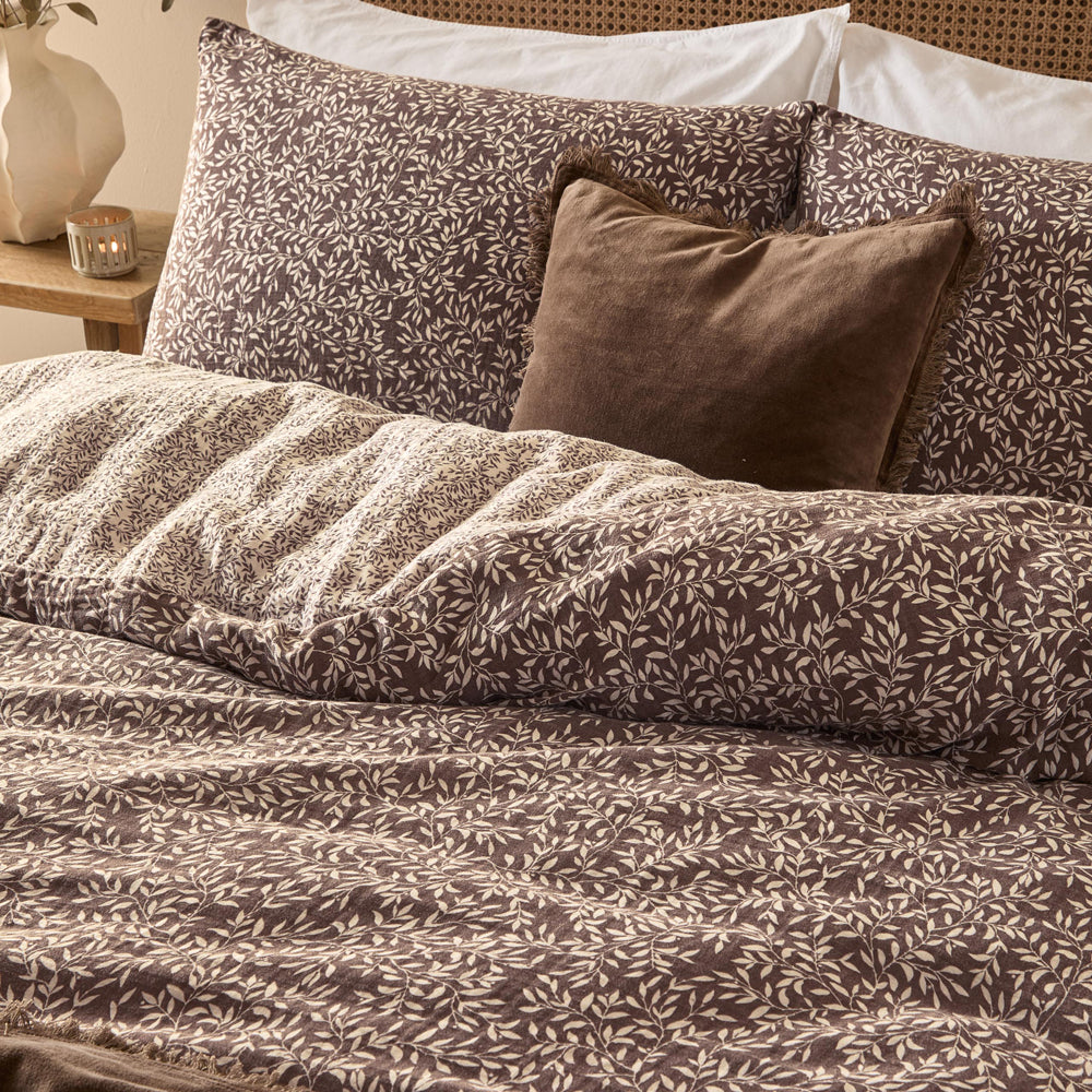 Floral Brown Bedding - Perrie Leaf Muslin 100% Cotton Duvet Cover Set Chocolate Yard