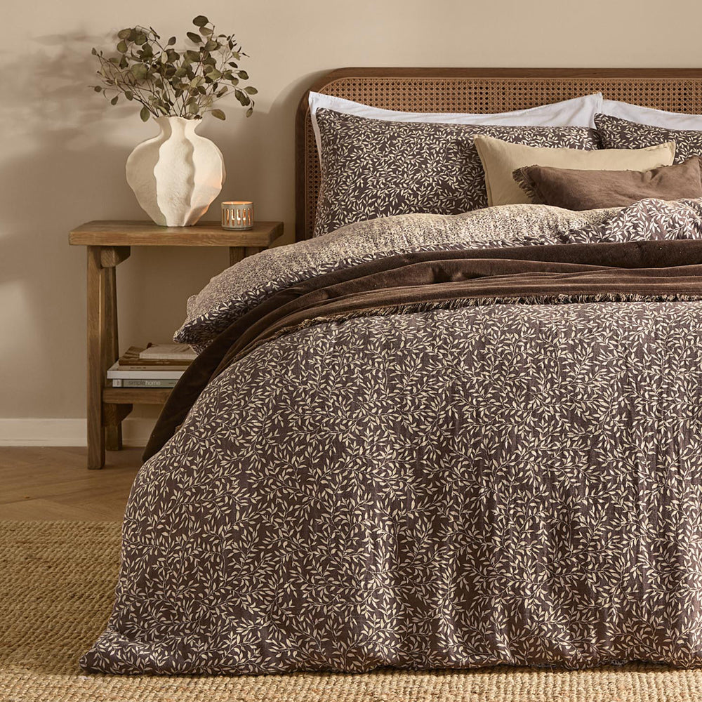 Floral Brown Bedding - Perrie Leaf Muslin 100% Cotton Duvet Cover Set Chocolate Yard