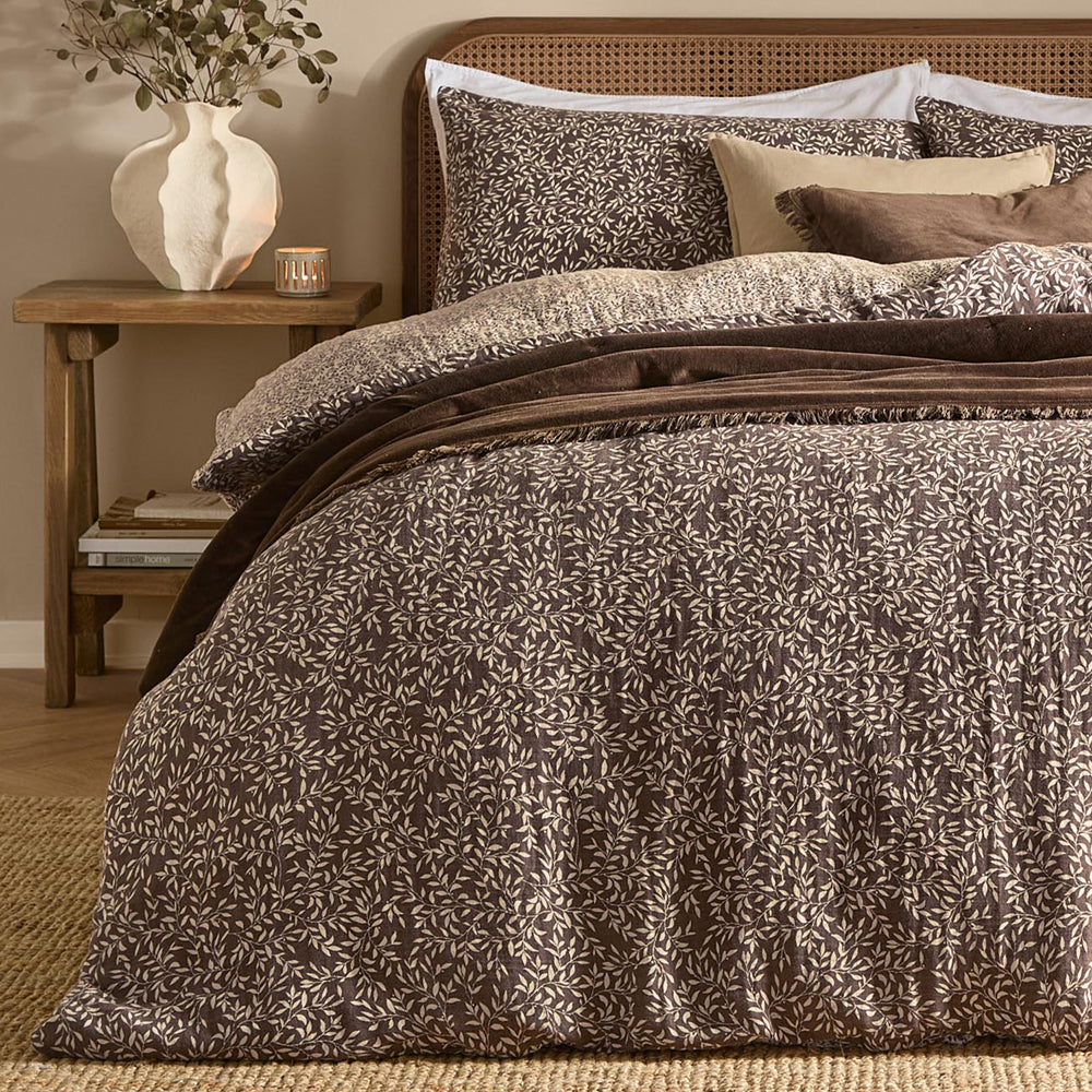 Floral Brown Bedding - Perrie Leaf Muslin 100% Cotton Duvet Cover Set Chocolate Yard