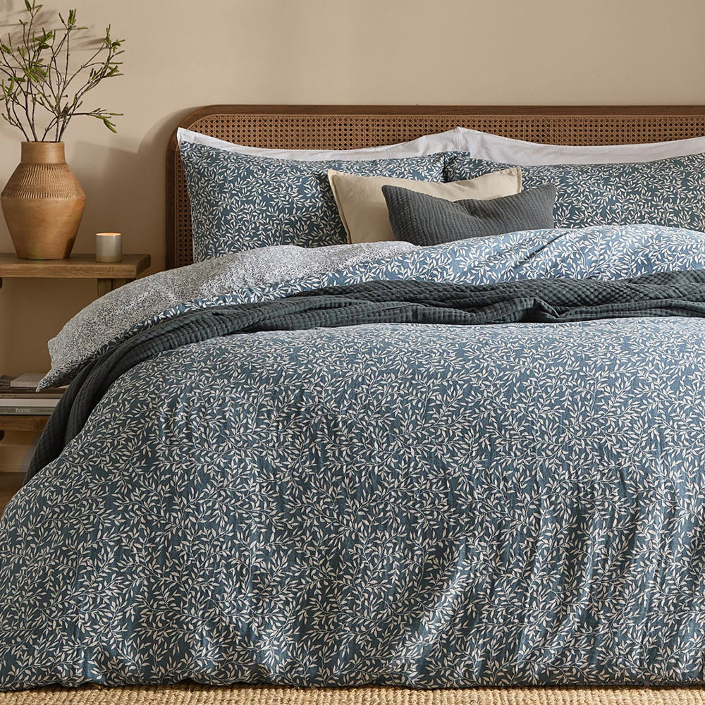 Floral Blue Bedding - Perrie Leaf Muslin 100% Cotton Duvet Cover Set Denim Yard