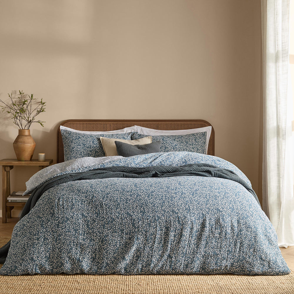 Floral Blue Bedding - Perrie Leaf Muslin 100% Cotton Duvet Cover Set Denim Yard