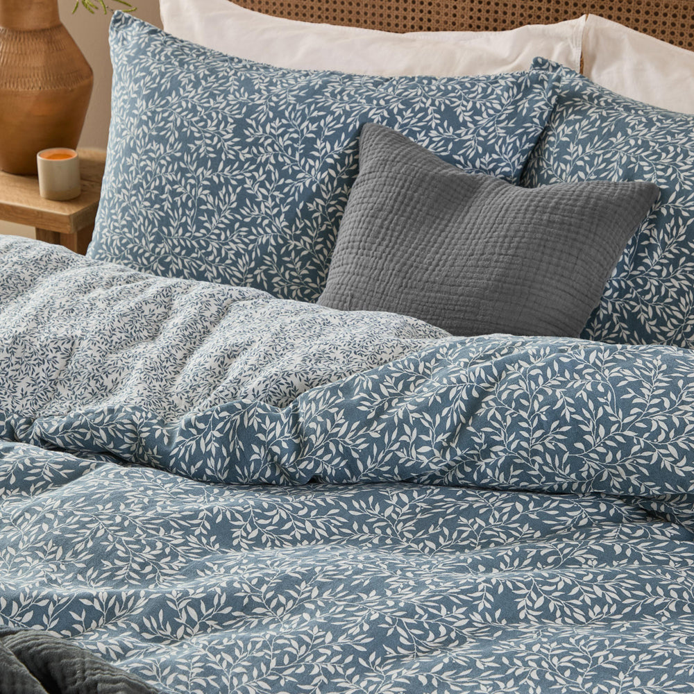 Floral Blue Bedding - Perrie Leaf Muslin 100% Cotton Duvet Cover Set Denim Yard