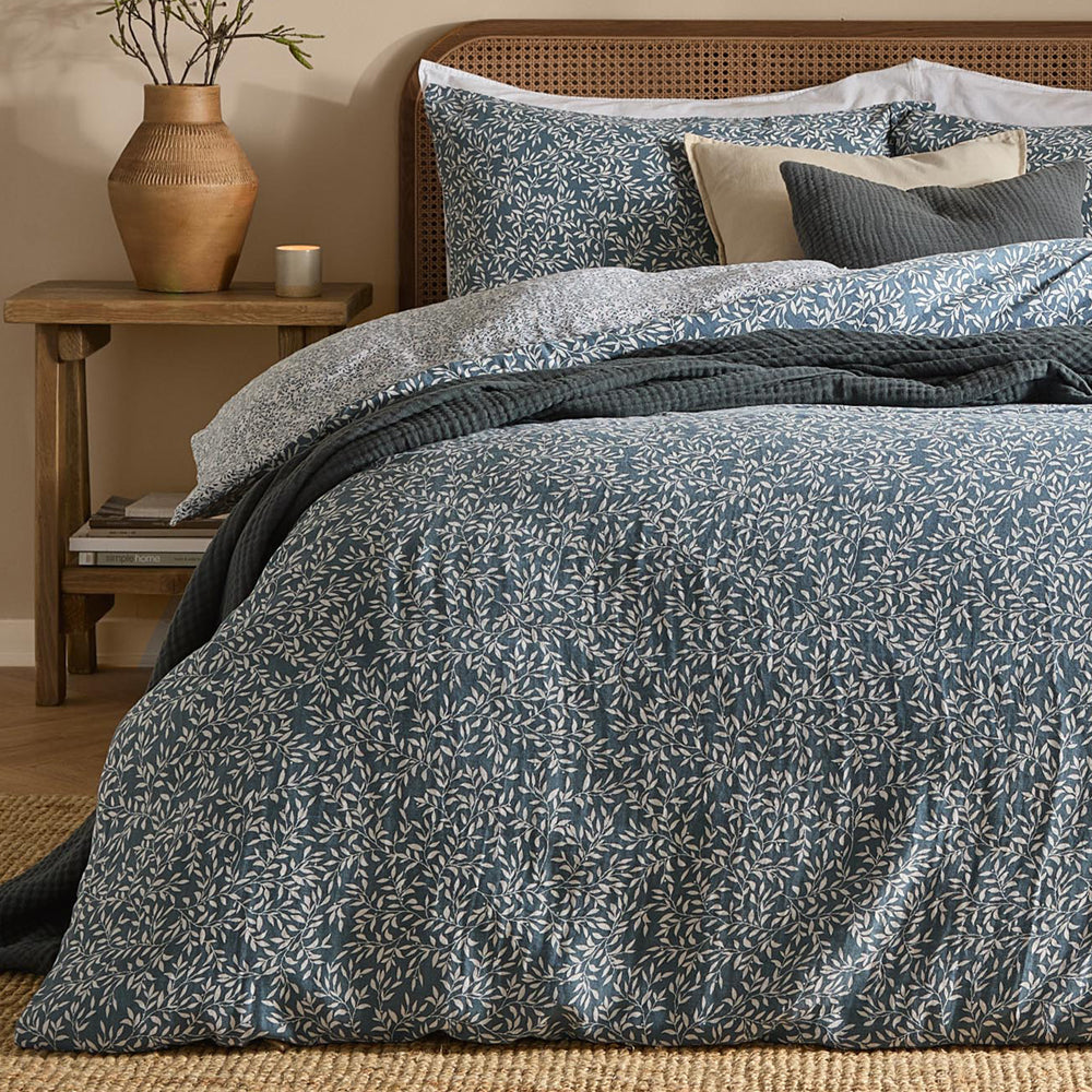 Floral Blue Bedding - Perrie Leaf Muslin 100% Cotton Duvet Cover Set Denim Yard