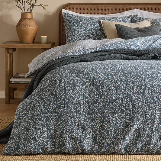 Floral Blue Bedding - Perrie Leaf Muslin 100% Cotton Duvet Cover Set Denim Yard
