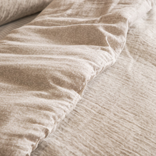 Floral Beige Bedding - Perrie Leaf Muslin 100% Cotton Duvet Cover Set Natural Yard