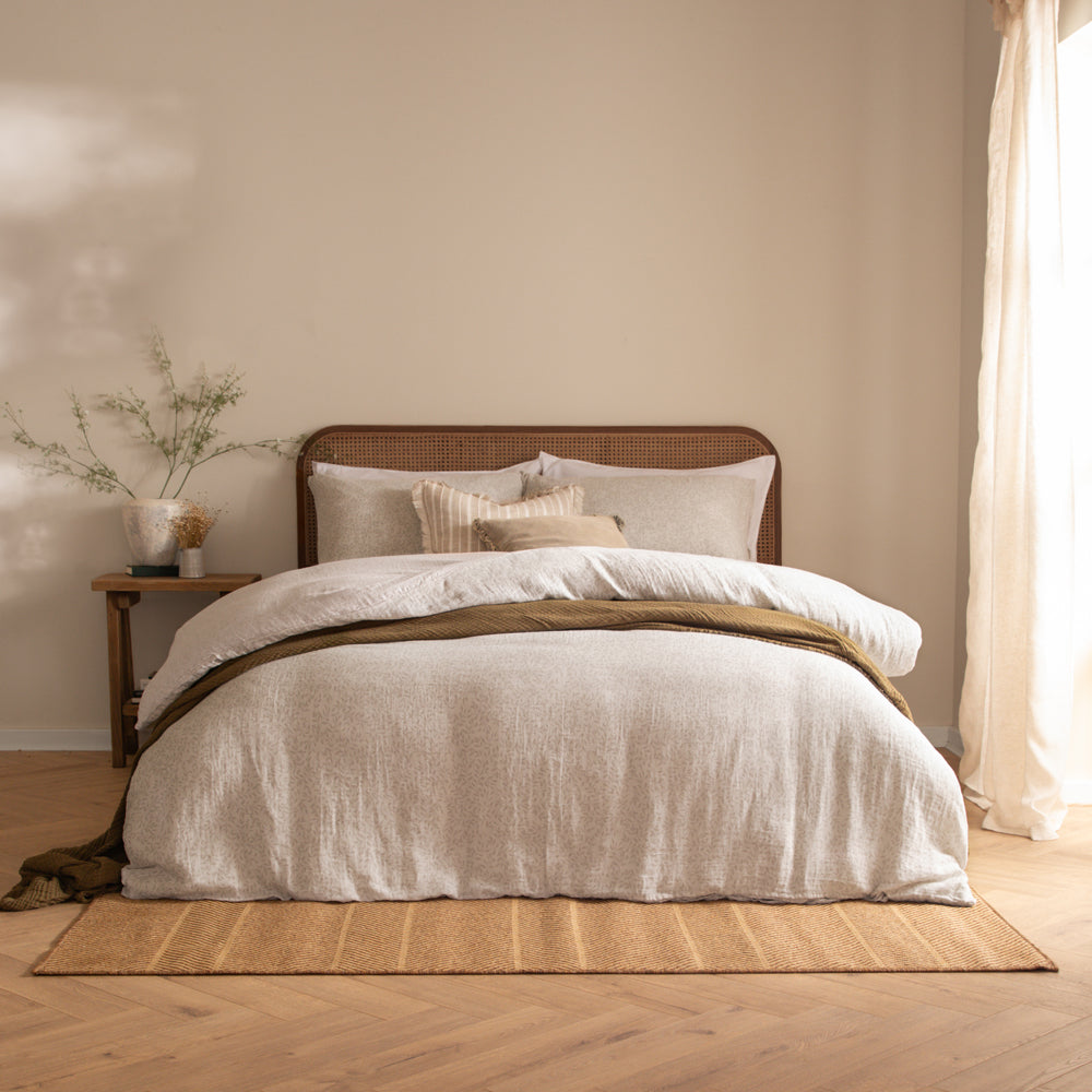 Floral Beige Bedding - Perrie Leaf Muslin 100% Cotton Duvet Cover Set Natural Yard