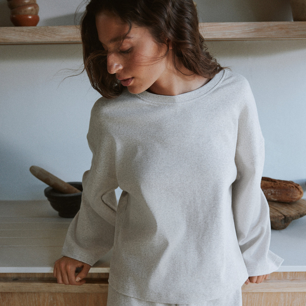 Plain Beige Ladies Loungewear - Relaxed Ribbed Cotton Rich Top Oatmeal Yard