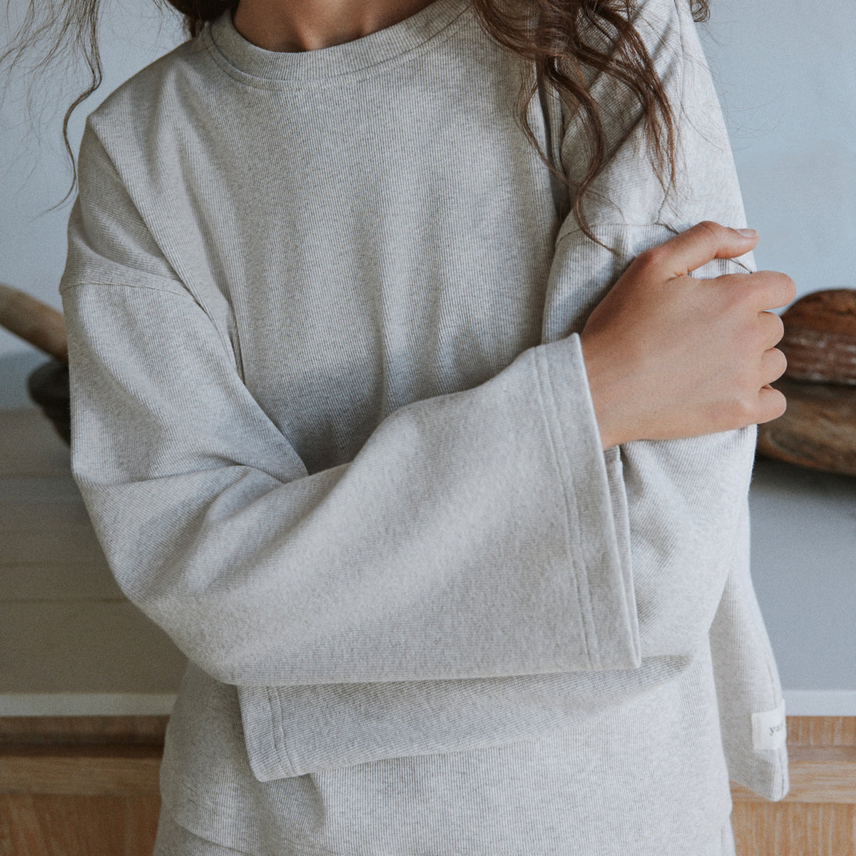 Plain Beige Ladies Loungewear - Relaxed Ribbed Cotton Rich Top Oatmeal Yard