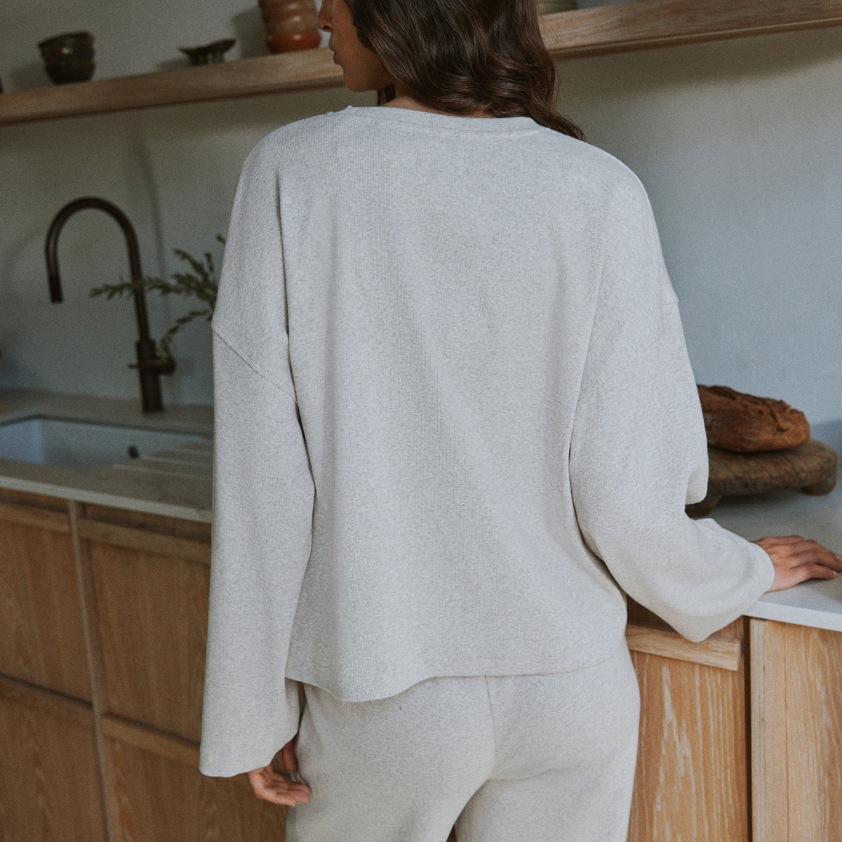Plain Beige Ladies Loungewear - Relaxed Ribbed Cotton Rich Top Oatmeal Yard
